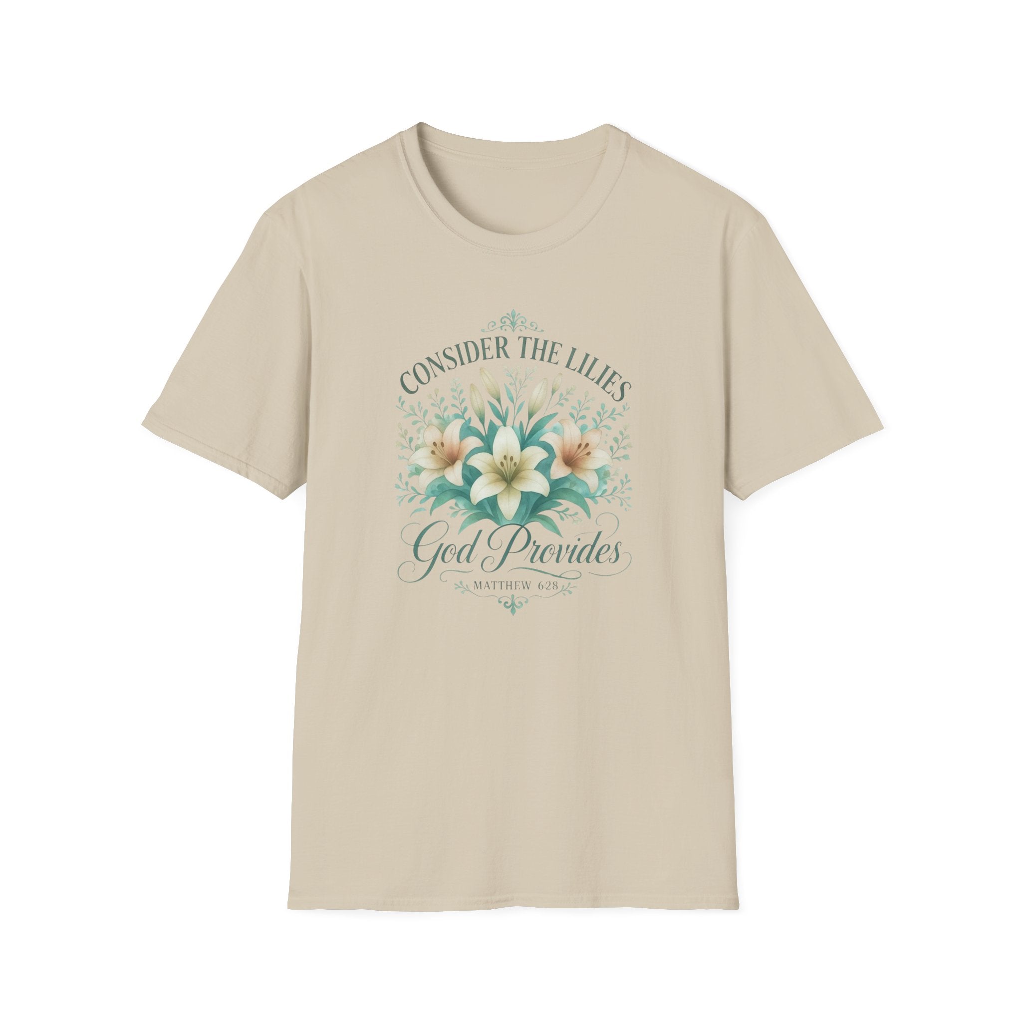 Consider How They Grow Matthew 28_6 Bible Verse Shirt Watercolor Gildan 64000 T-Shirt