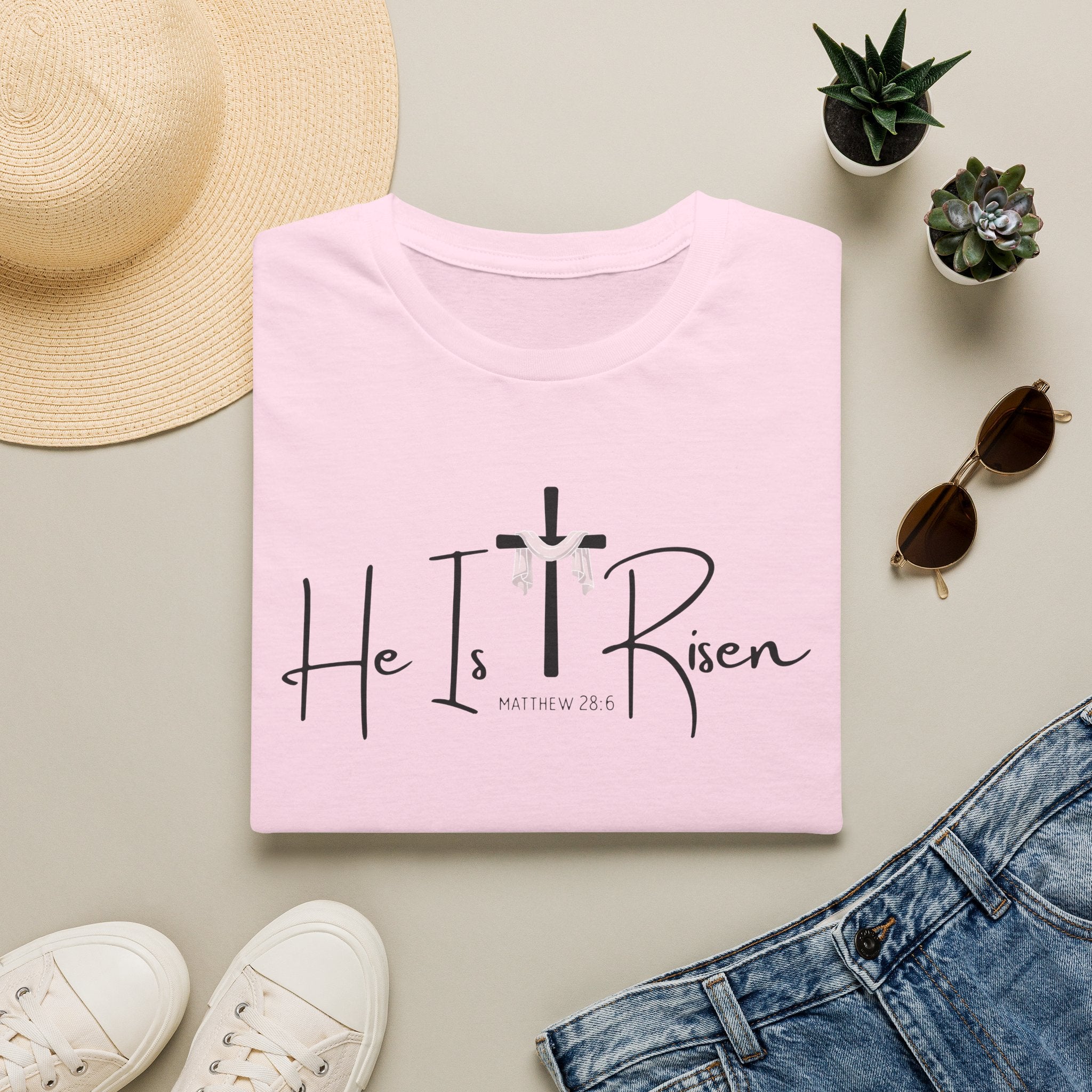 He Is Risen Cross and Bible Verse Matthew 28:6 Gildan 64000 T-Shirt