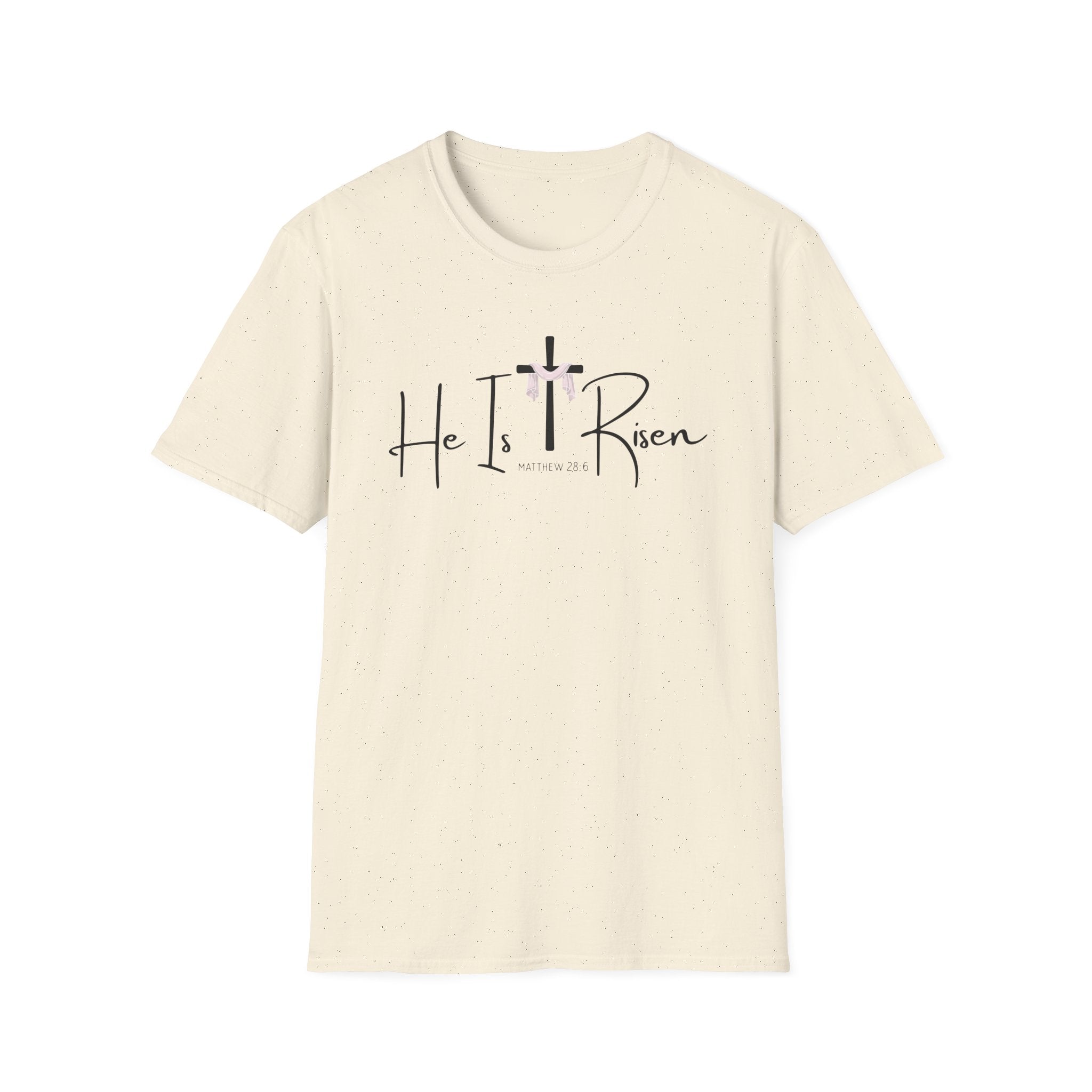 He Is Risen Cross and Bible Verse Matthew 28:6 Gildan 64000 T-Shirt