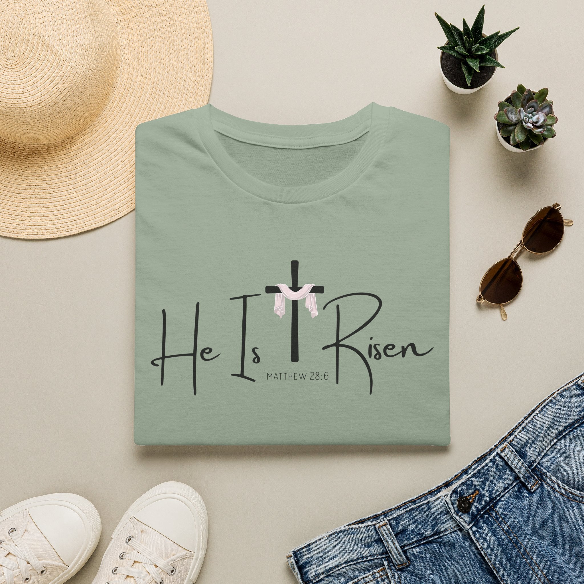 He Is Risen Cross and Bible Verse Matthew 28:6 Gildan 64000 T-Shirt