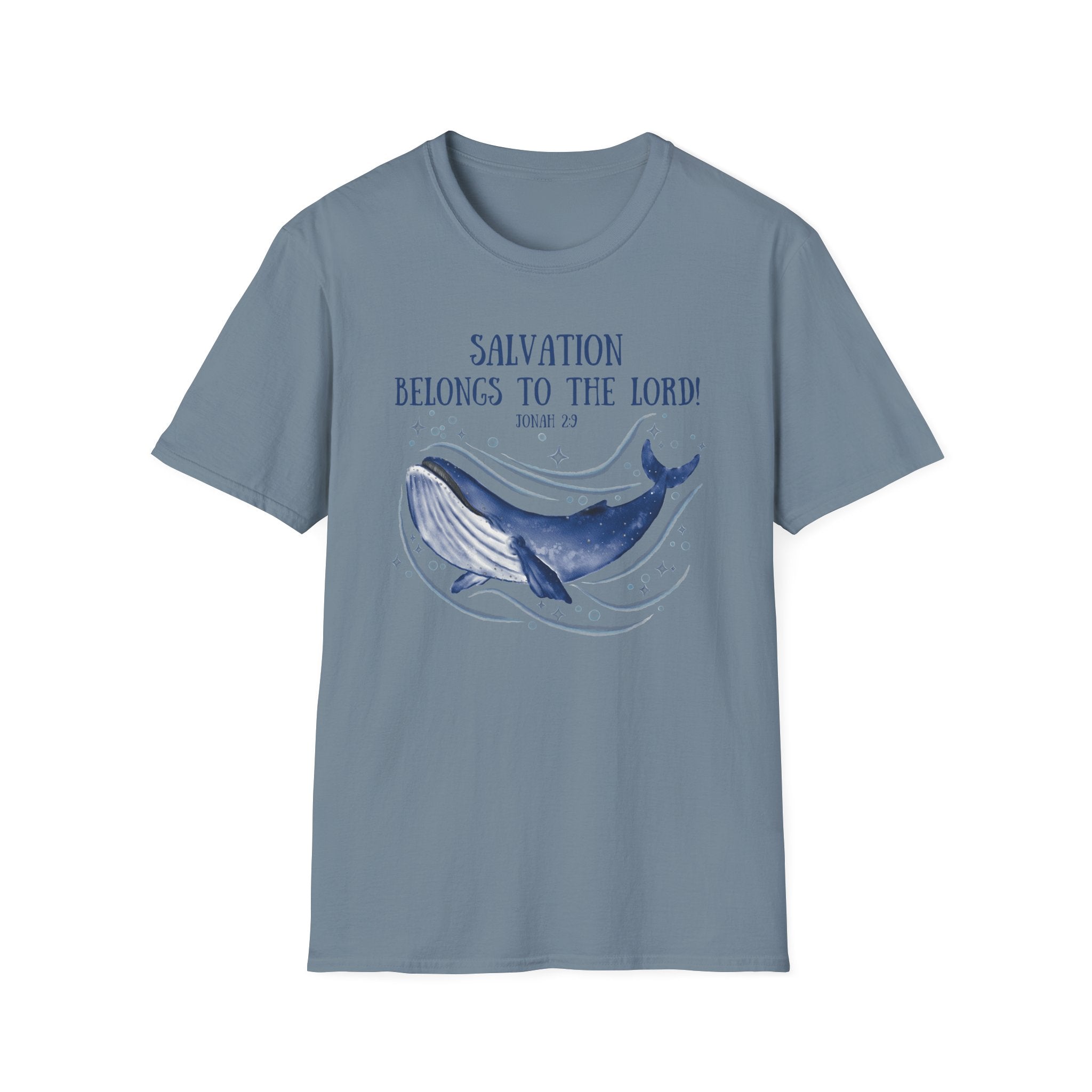 Salvation Belongs to the Lord Blue Whale Jonah 2_9 Bible Verse Shirt Gildan 64000 T-Shirt