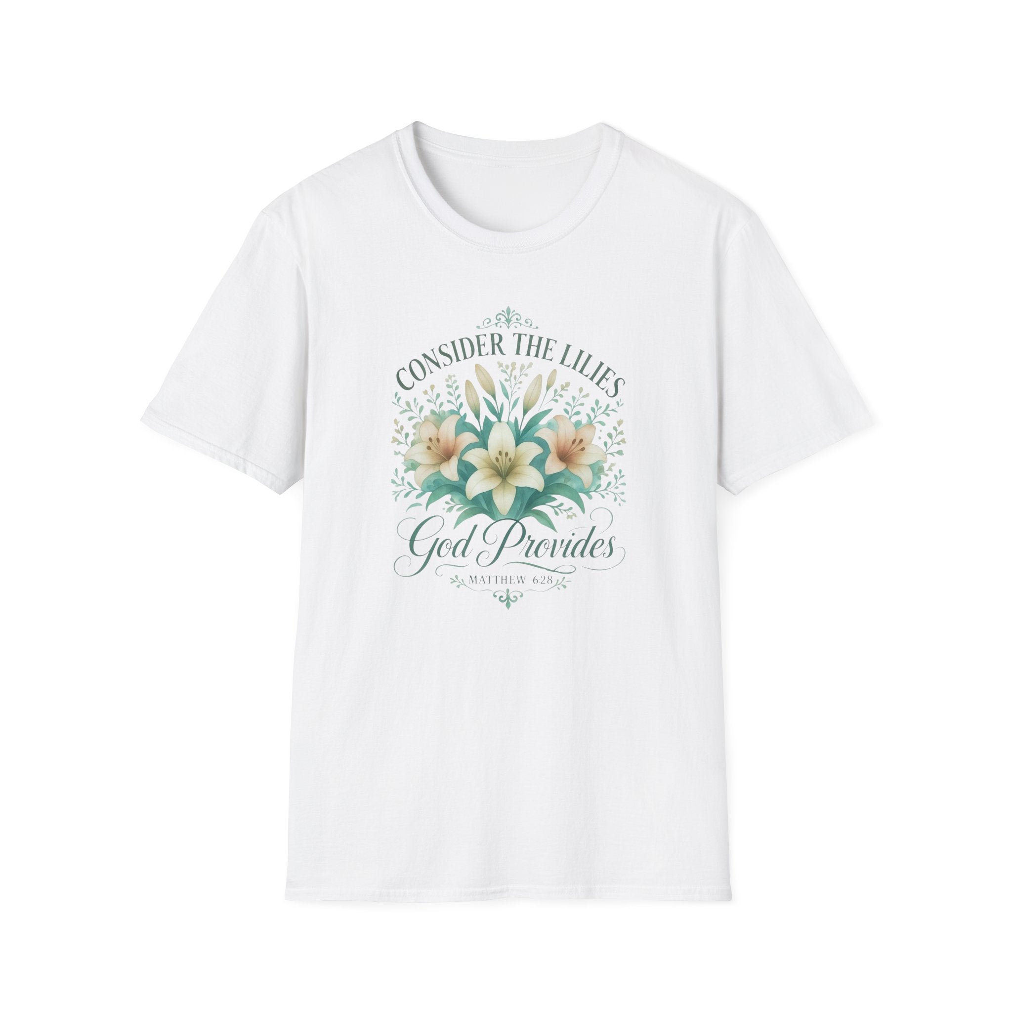 Consider How They Grow Matthew 28_6 Bible Verse Shirt Watercolor Gildan 64000 T-Shirt