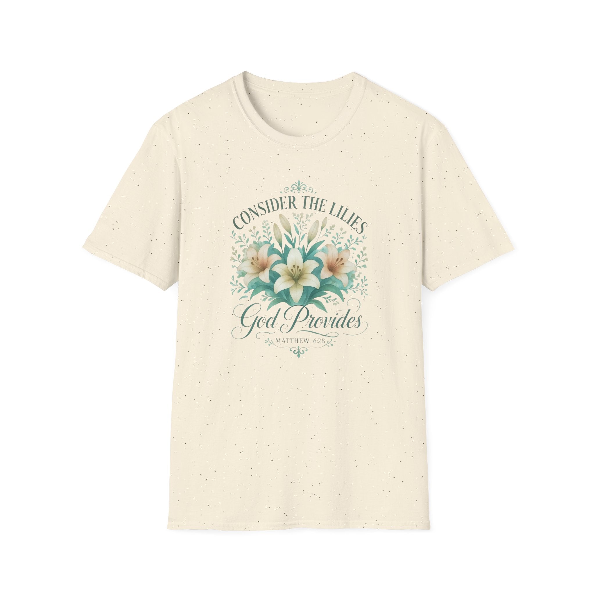 Consider How They Grow Matthew 28_6 Bible Verse Shirt Watercolor Gildan 64000 T-Shirt