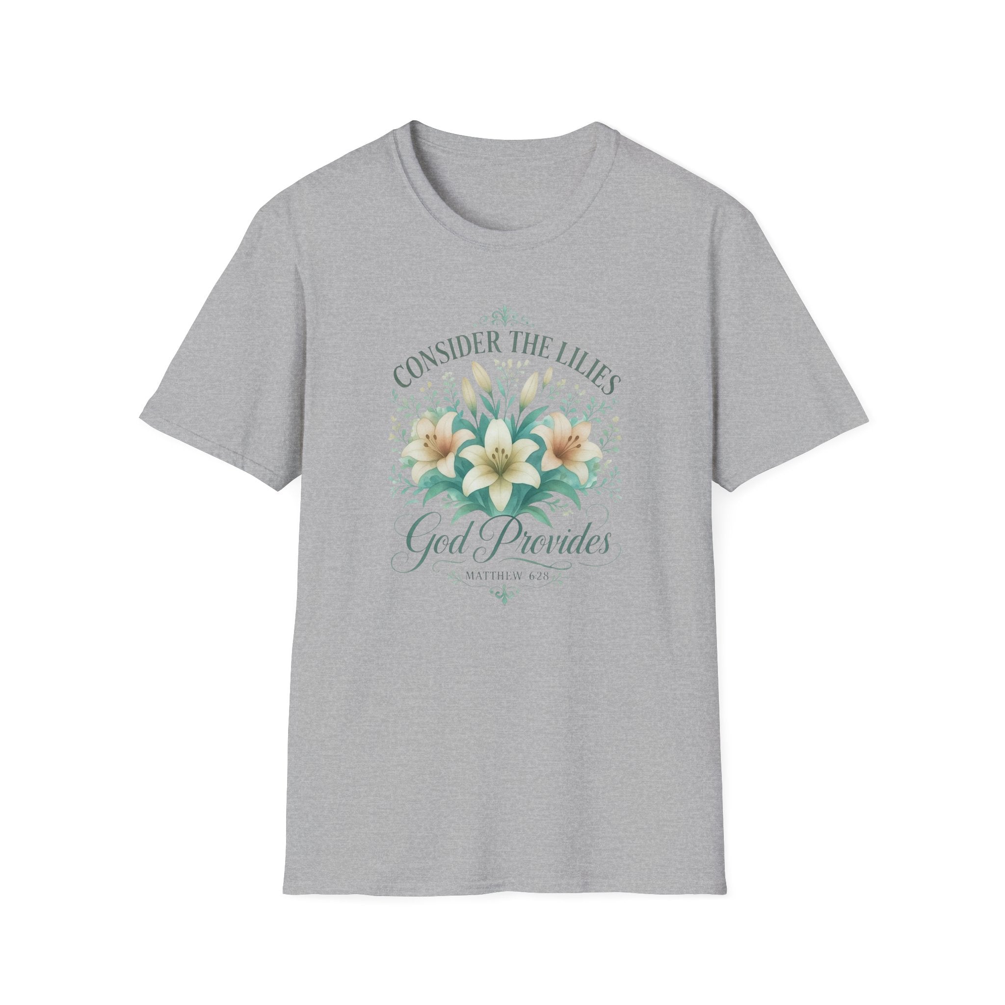 Consider How They Grow Matthew 28_6 Bible Verse Shirt Watercolor Gildan 64000 T-Shirt