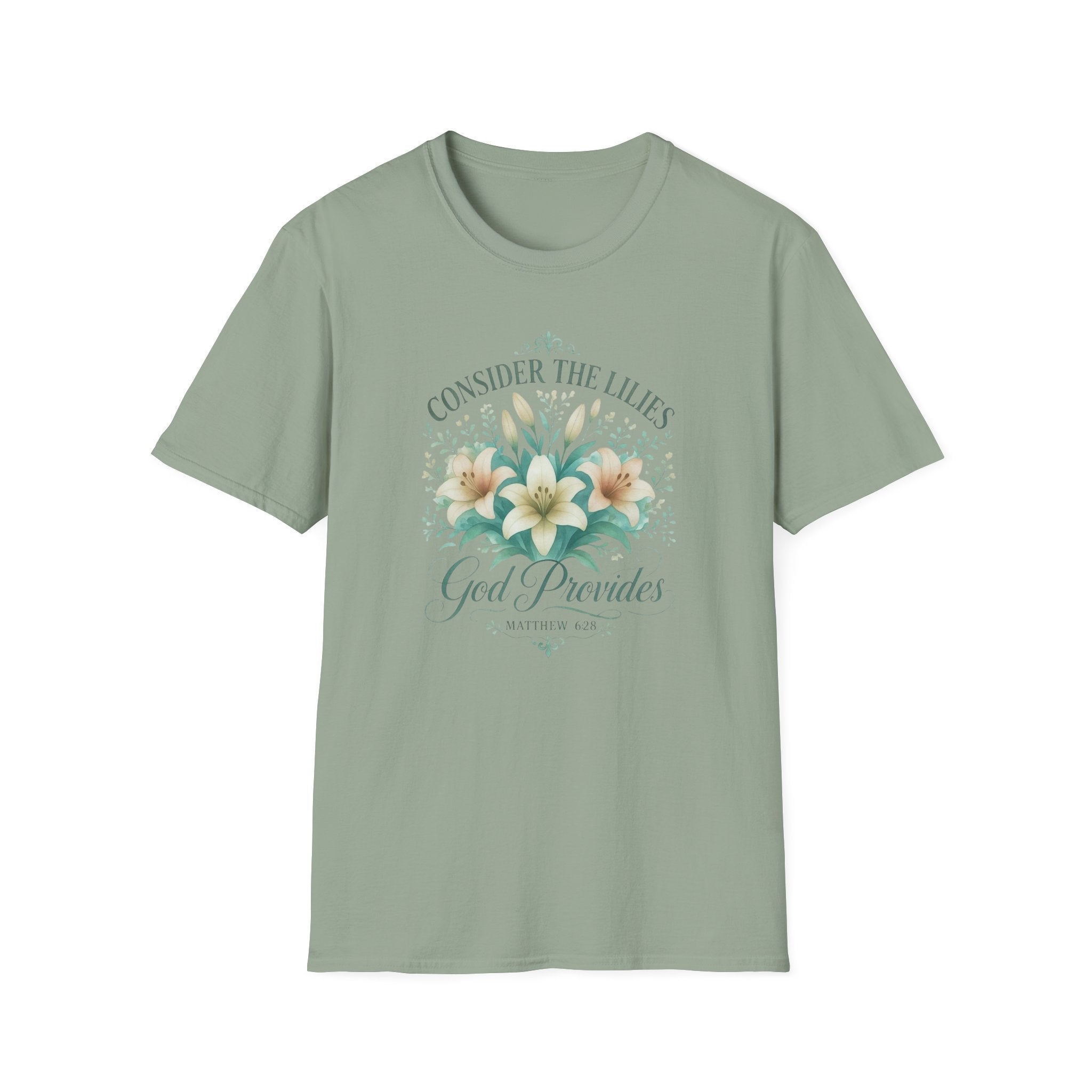 Consider How They Grow Matthew 28_6 Bible Verse Shirt Watercolor Gildan 64000 T-Shirt