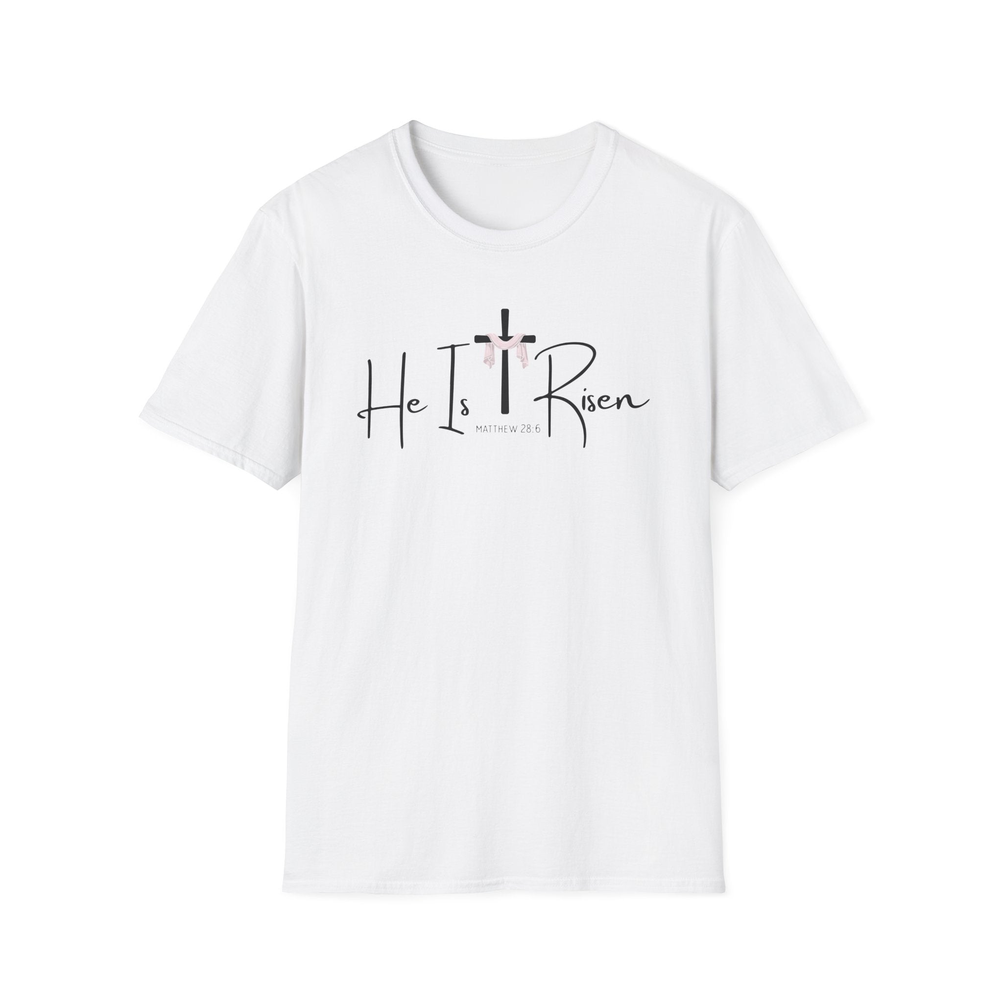 He Is Risen Cross and Bible Verse Matthew 28:6 Gildan 64000 T-Shirt