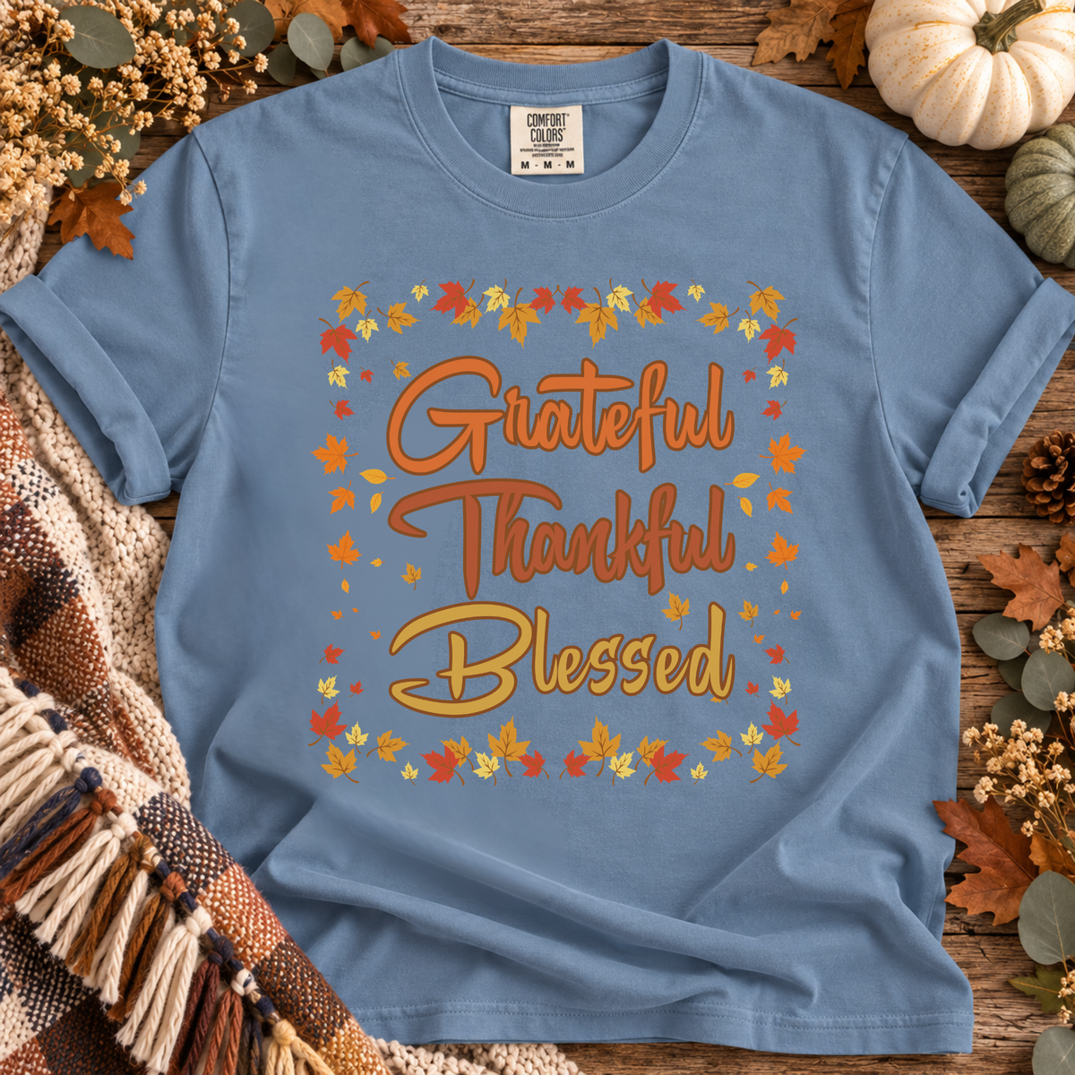 Grateful Thankful Blessed Fall Leaves Comfort Colors Shirt
