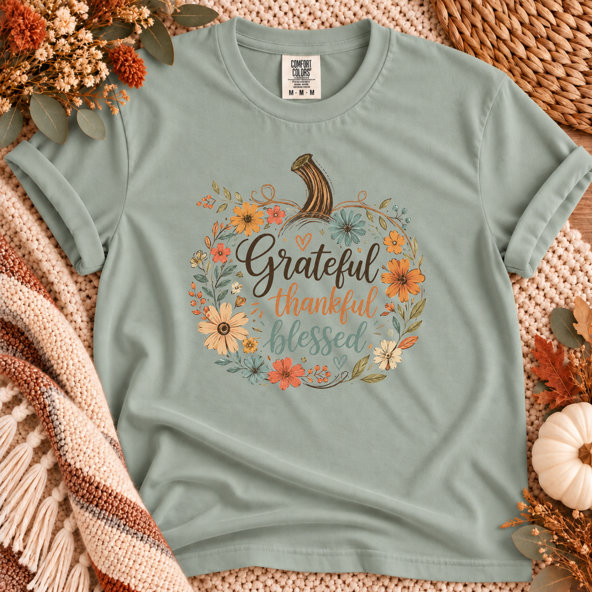 Grateful Thankful Blessed Floral Pumpkin - Comfort Colors 1717